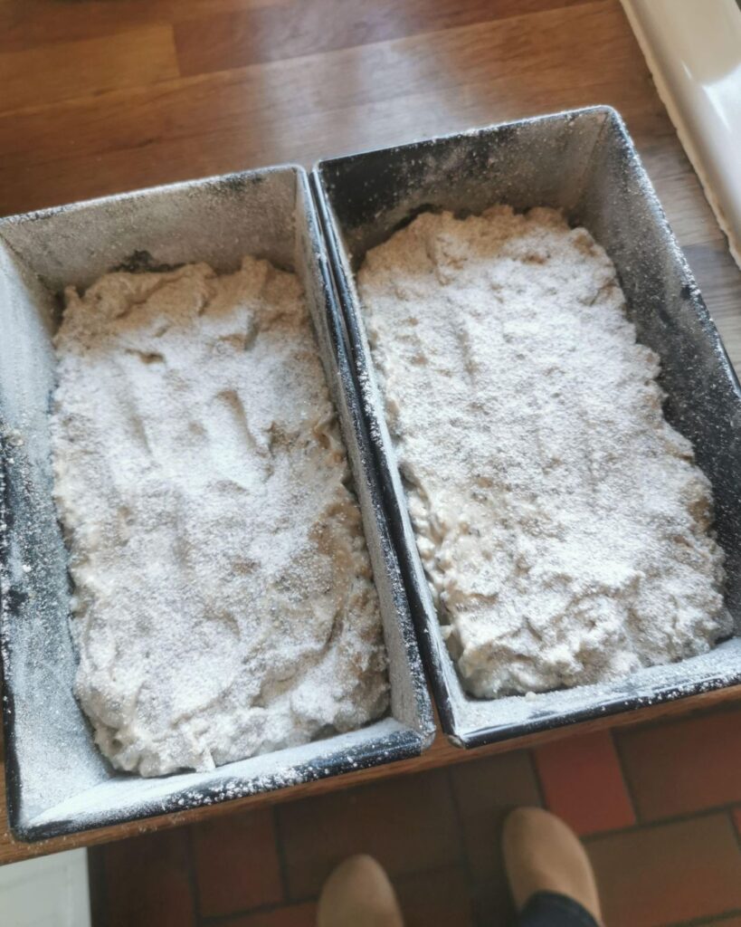 Chleb żytni na zakwasie z płatkami owsianymi zostawiony do wyrośnięcia w podłużnych keksówkach